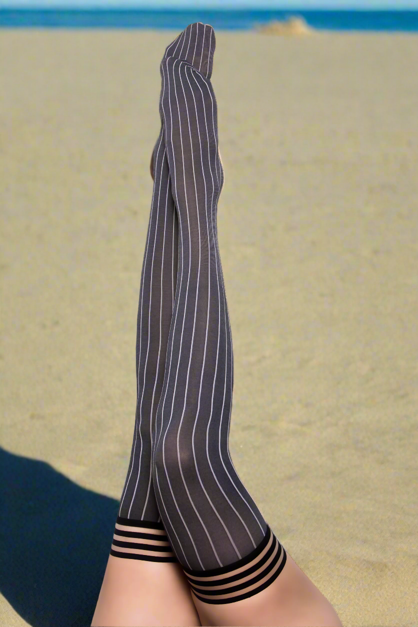 Annabelle: All Work, All Play Pinstripe Thigh Highs. Petite to Plus Size