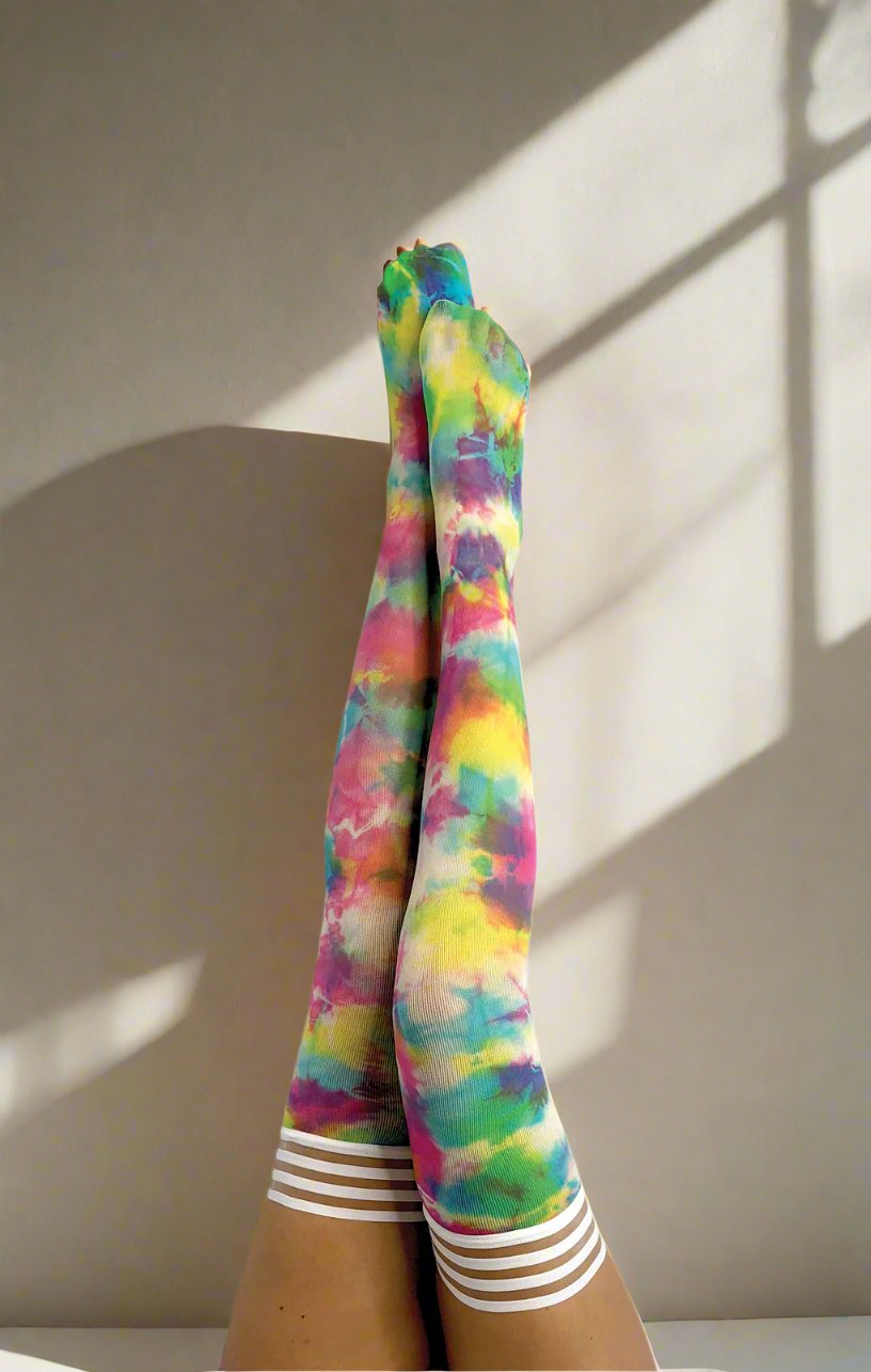 Gilly: Rainbow Tie Dye Thigh Highs. Petite to Plus Size