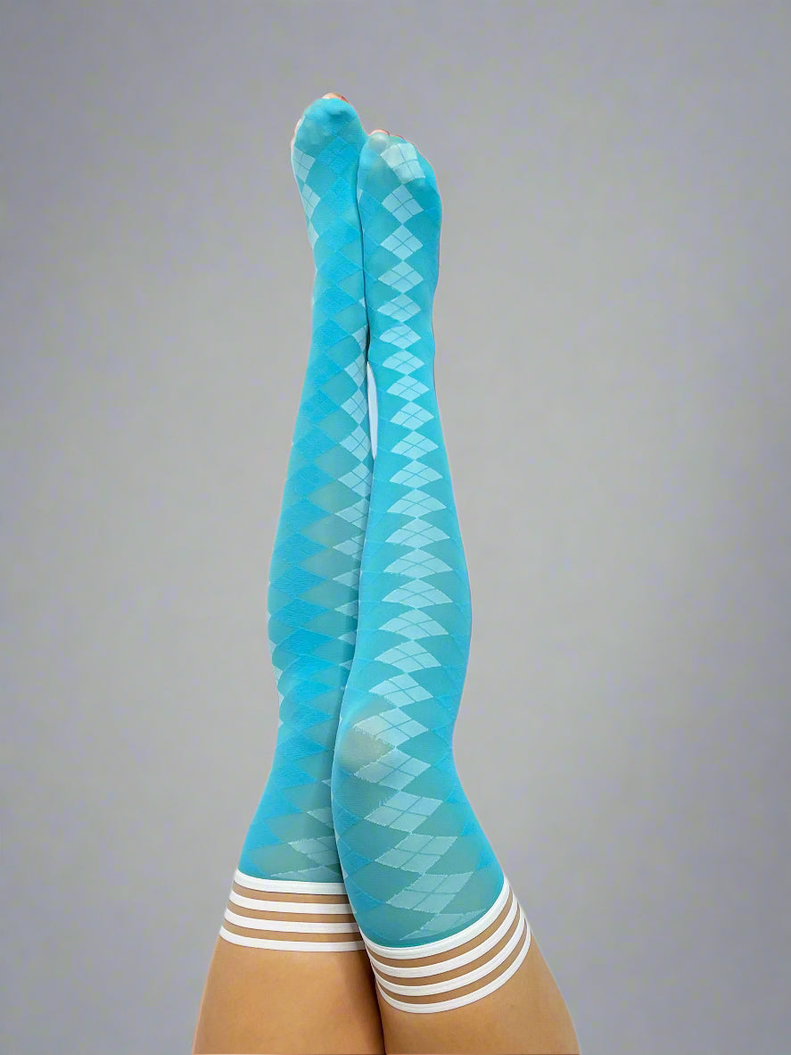 Par 4 - Teal Argyle Thigh Highs. Petite to Plus Size