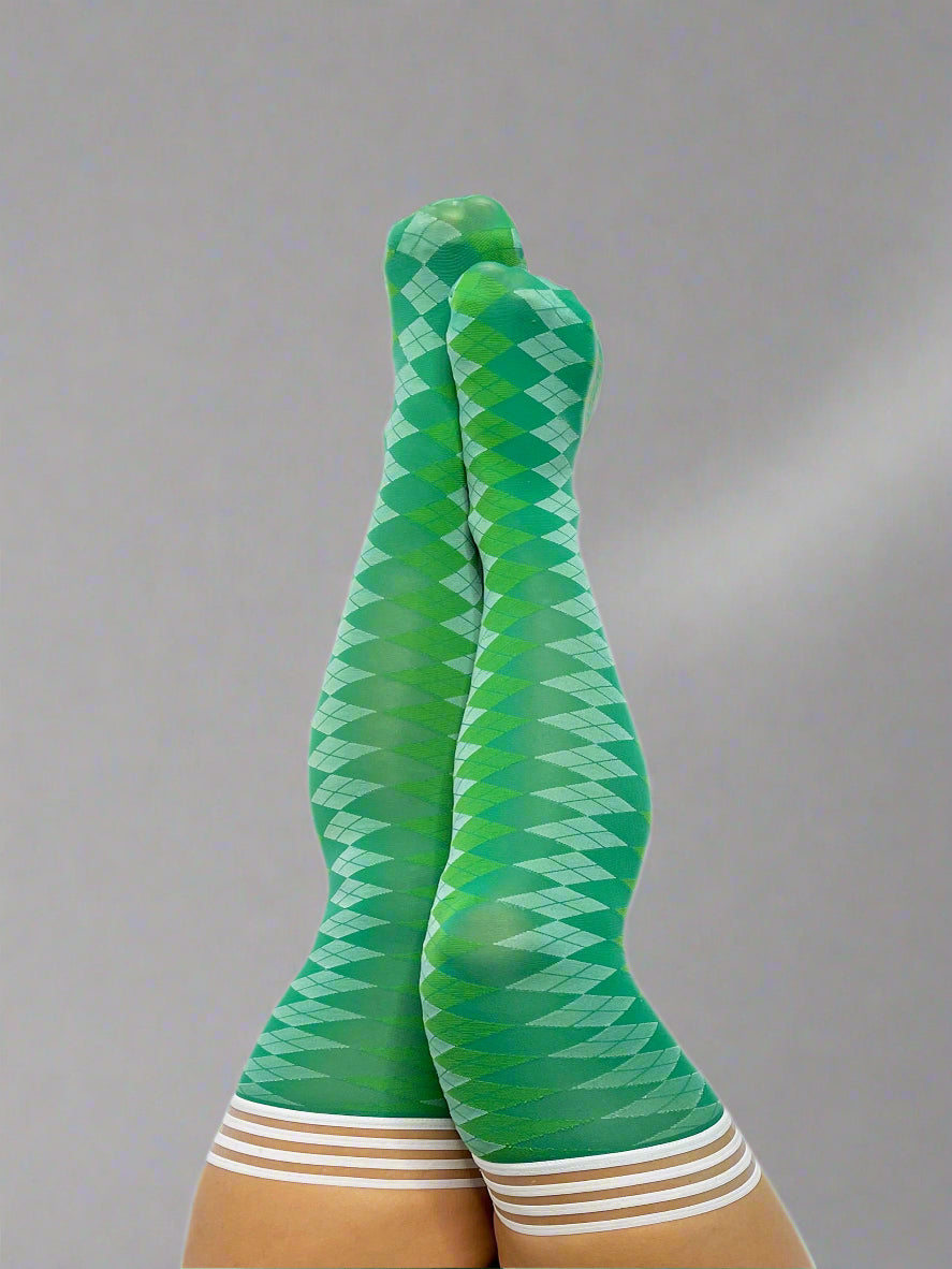 Par 4 - Green Argyle Thigh Highs. Petite to Plus Size
