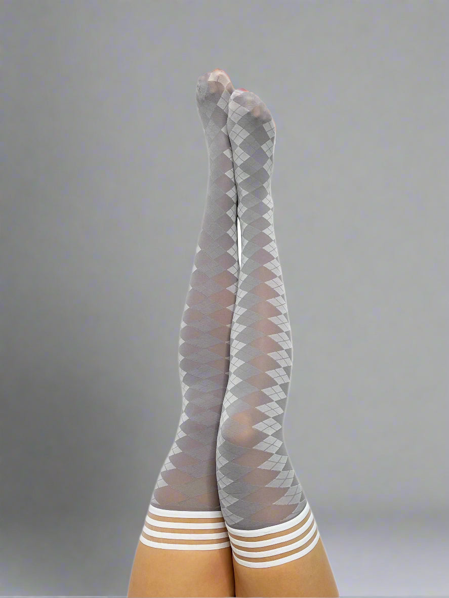 Par 4 - Grey Argyle Thigh Highs. Petite to Plus Size