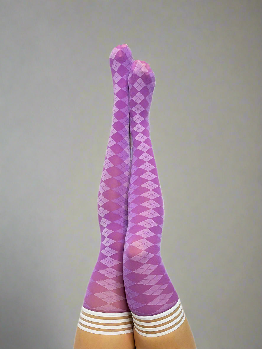 Par 4 - Purple Argyle Thigh Highs. Petite to Plus Size