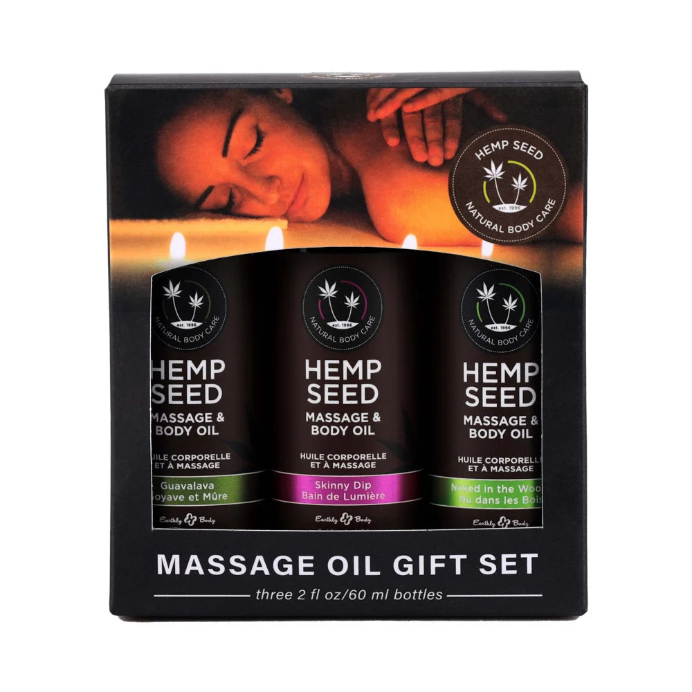 Earthly Body Hemp Seed Massage Oil 3-Piece Gift Set 2 0zs.
