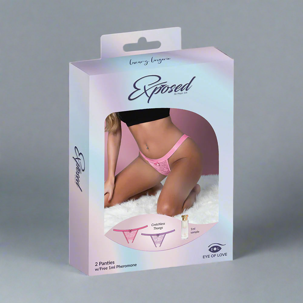 Magic Silk Pheromone Crotchless Thong Panties 2-Pack Lilac/Rose
