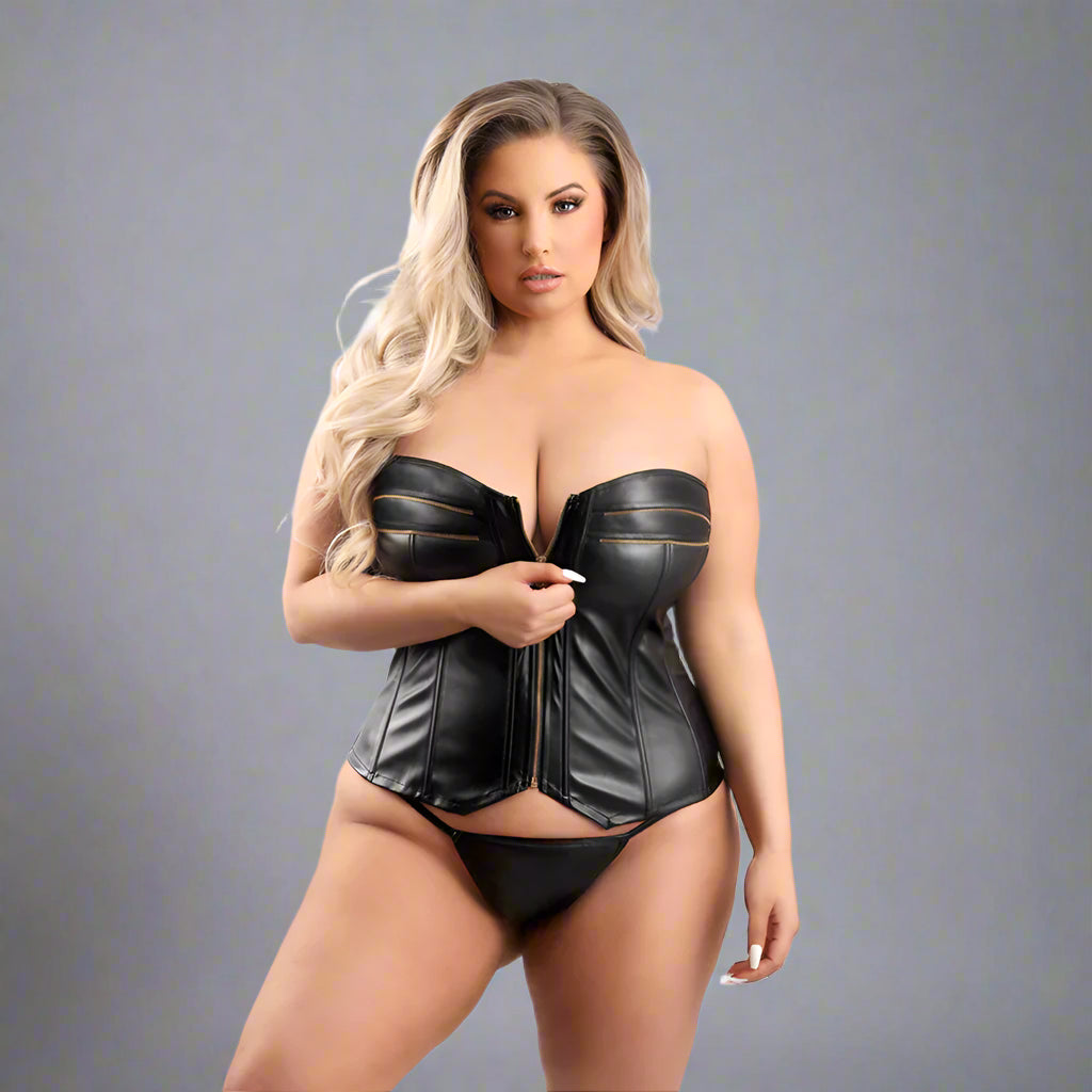 Fantasy Lingerie Faux Leather Corset w/ Zipper Front & G-String Panty