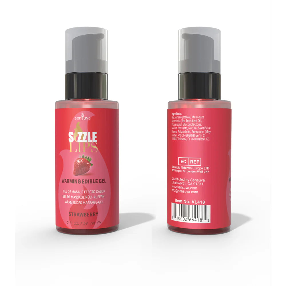 Two bottles of Sizzle Lips strawberry flavored edible gel on a white background