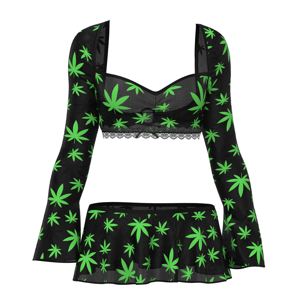 Magic Silk Hazy Dayz Crop Top, Skirt & G-String Set, Pot Leaf