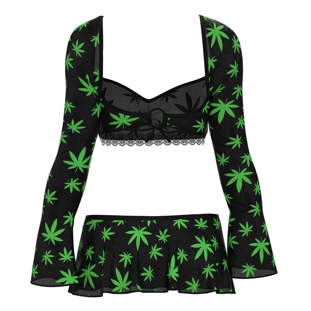 Magic Silk Hazy Dayz Crop Top, Skirt & G-String Set, Pot Leaf