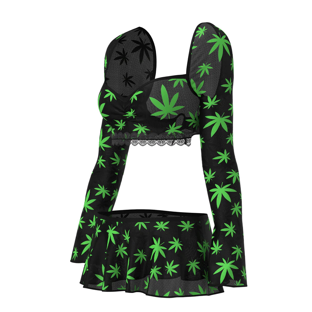 Magic Silk Hazy Dayz Crop Top, Skirt & G-String Set, Pot Leaf