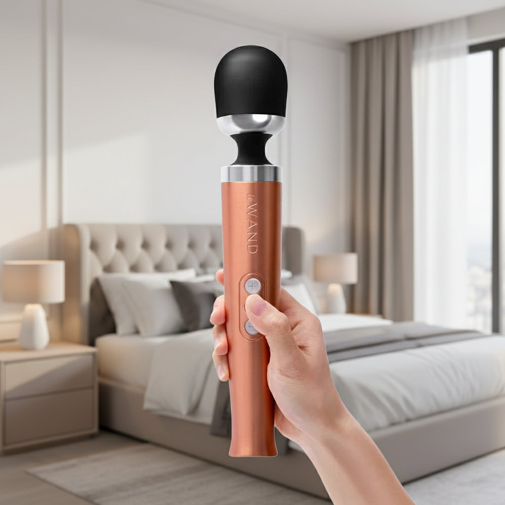 Rose gold handheld massager with black head held by a hand on a white background