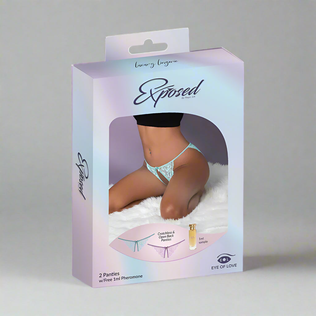 Magic Silk Pheromone Panties Crotchless & Open Back 2-Pack Lilac/Aqua