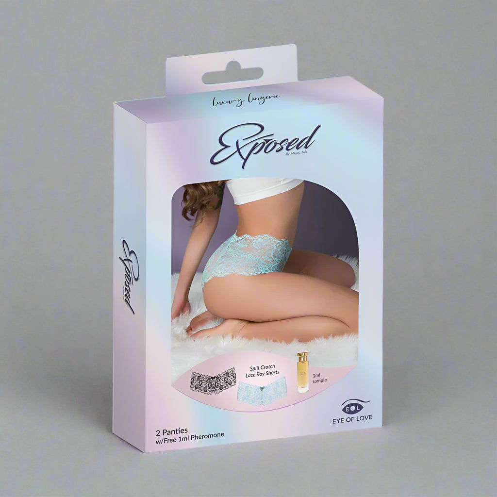 Magic Silk Pheromone Split Crotch Lace Boy Shorts 2-Pak Aqua/Black