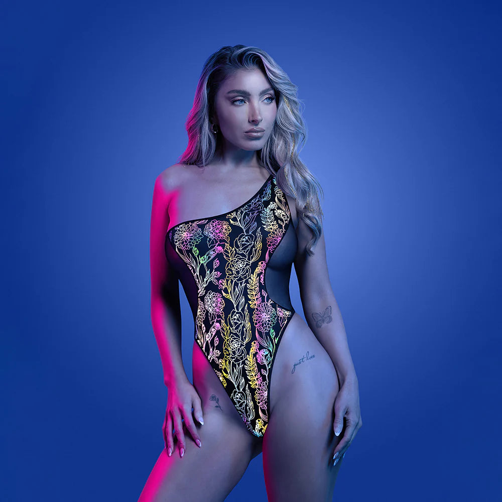 Fantasy Lingerie Glow Luminescent Floral Print-One Shoulder Teddy