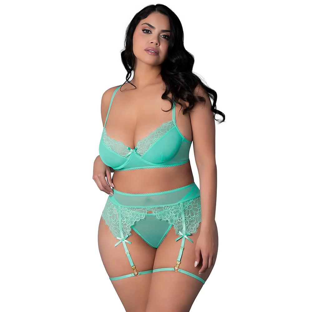Magic Silk Caribbean Crush Demi Bra & Thong with Garter Set Aqua Glow