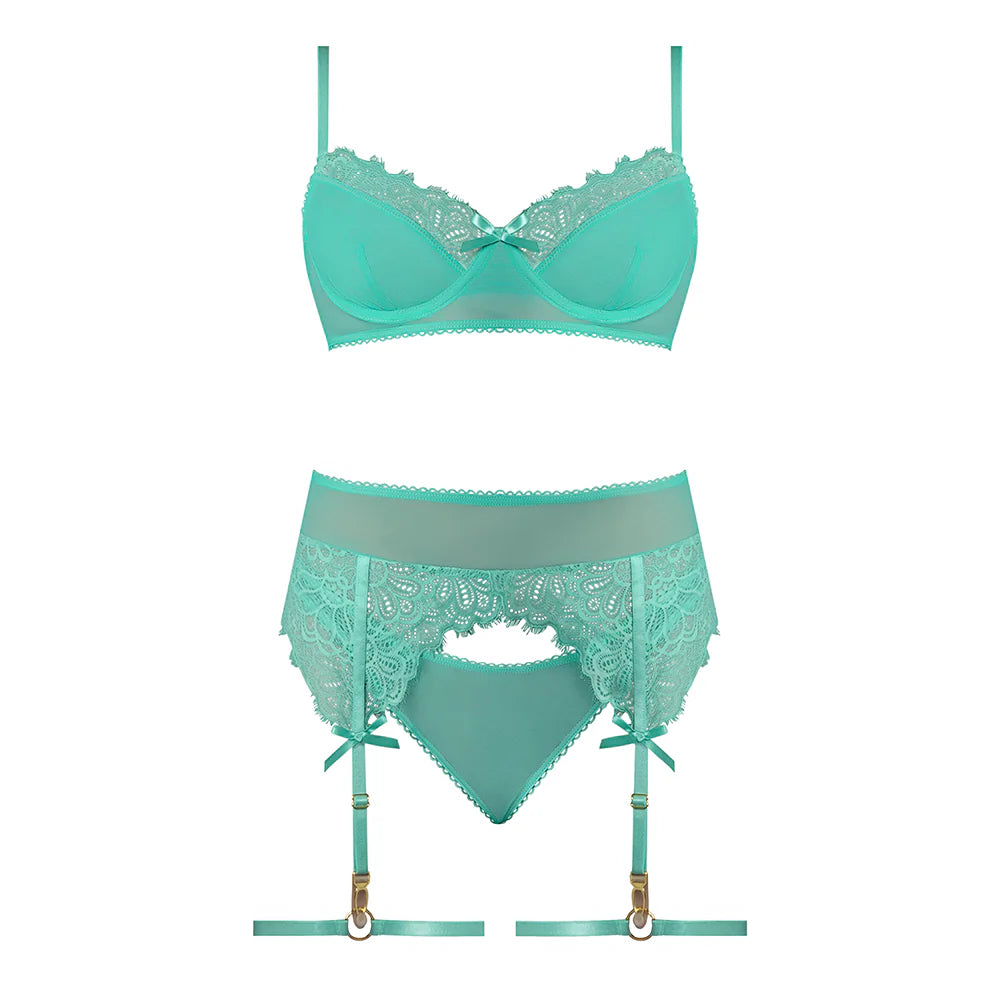 Magic Silk Caribbean Crush Demi Bra & Thong with Garter Set Aqua Glow
