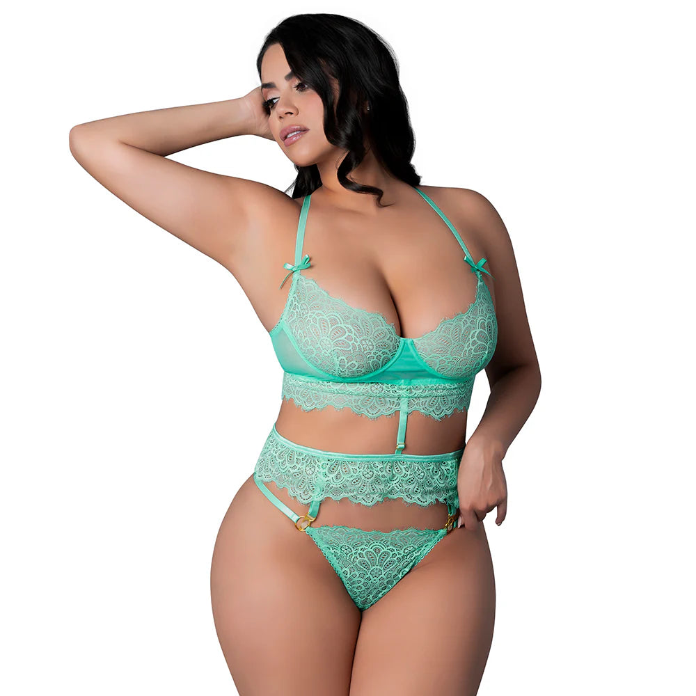 Magic Silk Caribbean Crush Demi Longline Bra & Panty with Flounce Aqua