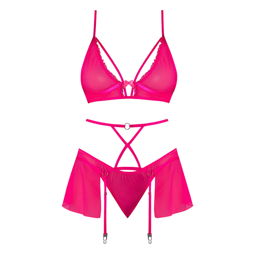 Magic Silk Pink Kink Bralette, High Leg Panty & Garter Skirt Set Pink
