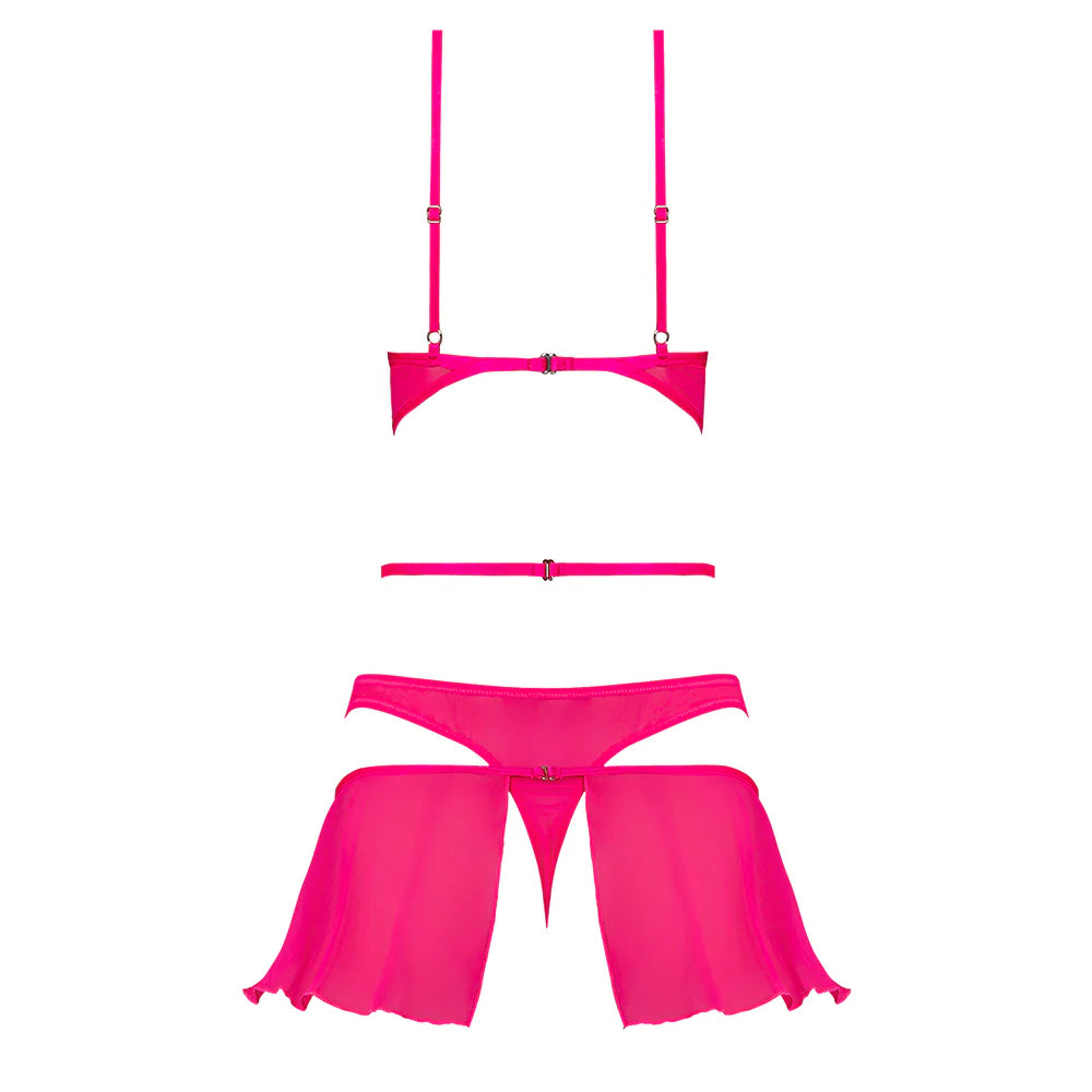 Magic Silk Pink Kink Bralette, High Leg Panty & Garter Skirt Set Pink