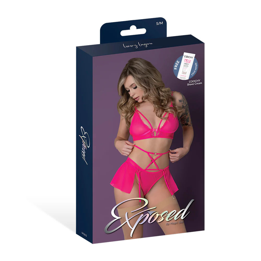 Magic Silk Pink Kink Bralette, High Leg Panty & Garter Skirt Set Pink