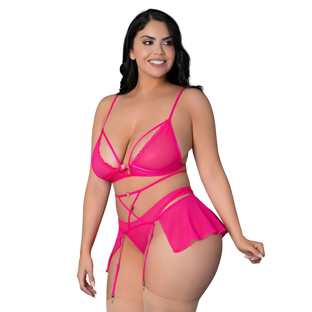 Magic Silk Pink Kink Bralette, High Leg Panty & Garter Skirt Set Pink