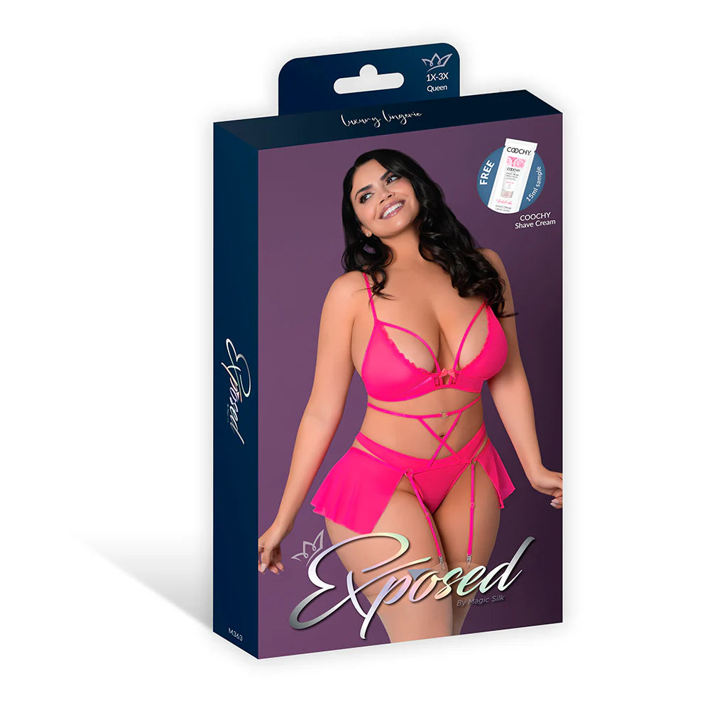 Magic Silk Pink Kink Bralette, High Leg Panty & Garter Skirt Set Pink