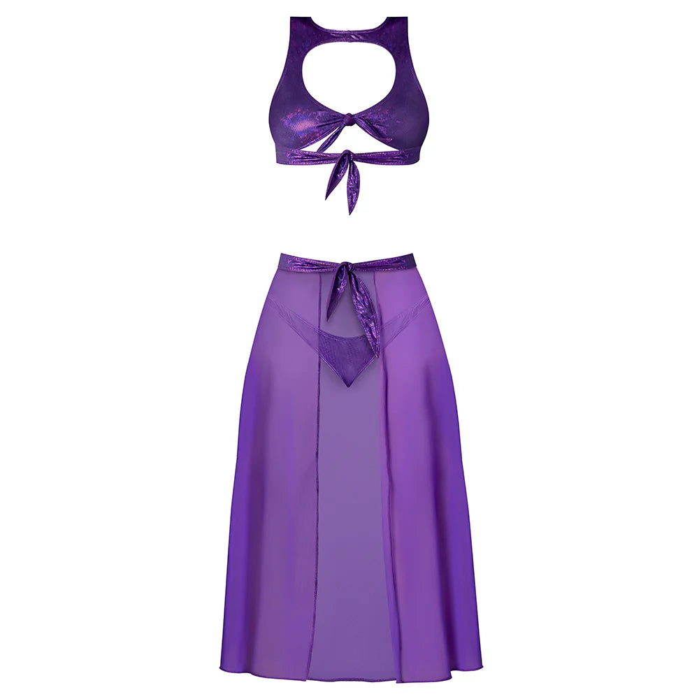 Magic Silk Glimmer High Neck Crop Top, Flowy Skirt & Tanga Set Purple