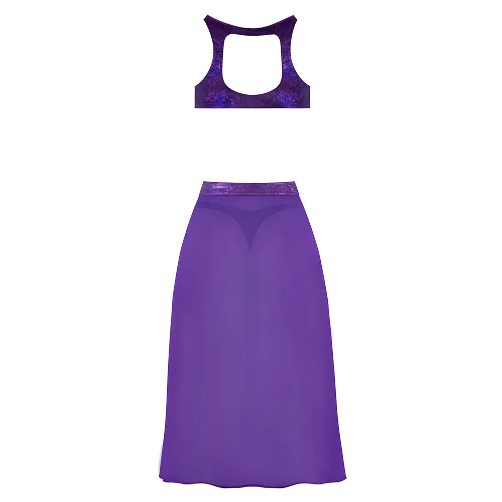 Magic Silk Glimmer High Neck Crop Top, Flowy Skirt & Tanga Set Purple
