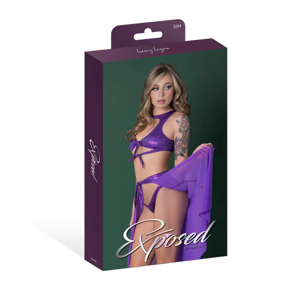 Magic Silk Glimmer High Neck Crop Top, Flowy Skirt & Tanga Set Purple