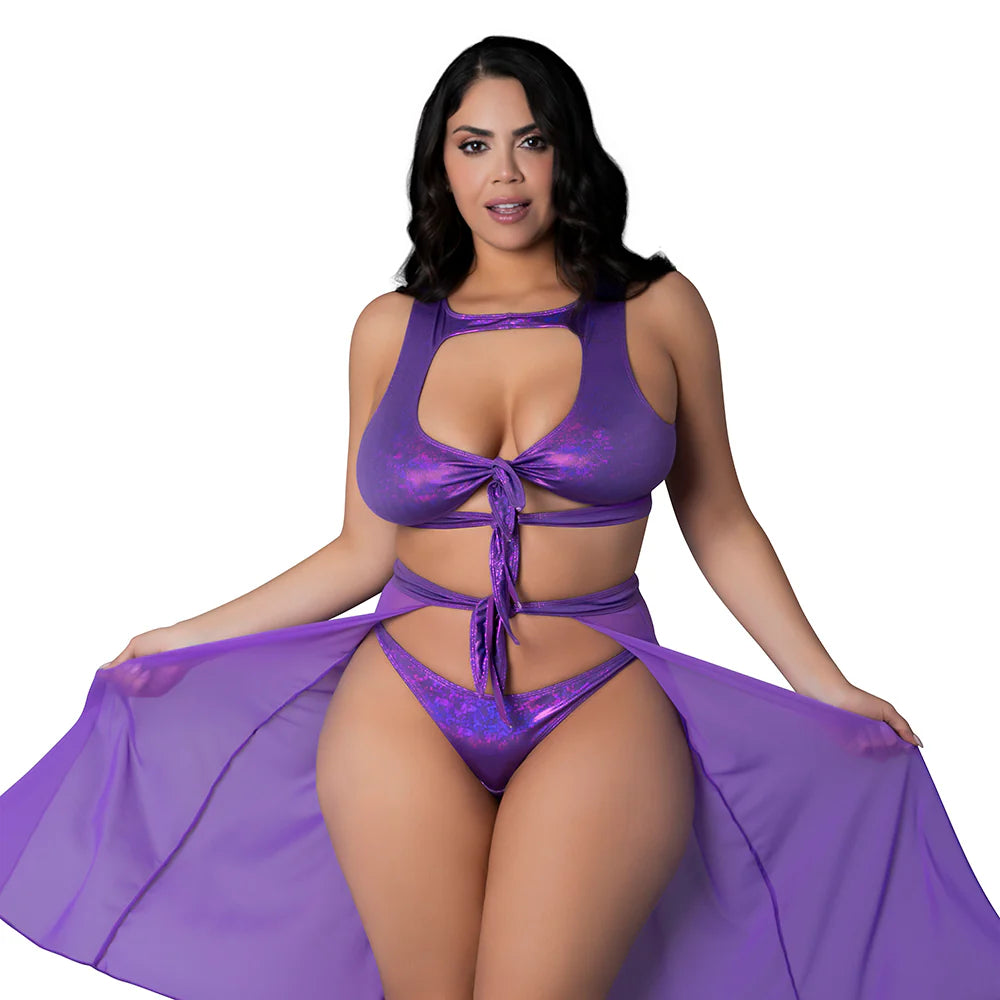 Magic Silk Glimmer High Neck Crop Top, Flowy Skirt & Tanga Set Purple