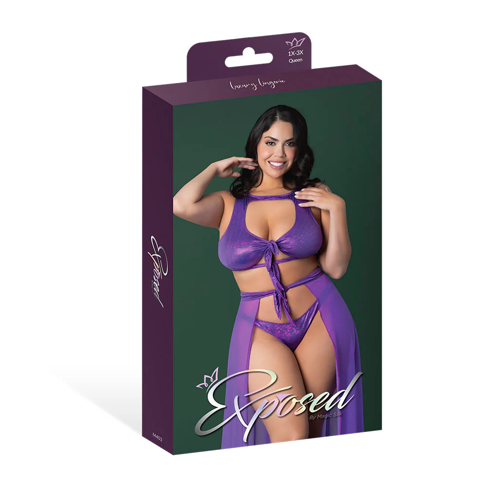 Magic Silk Glimmer High Neck Crop Top, Flowy Skirt & Tanga Set Purple