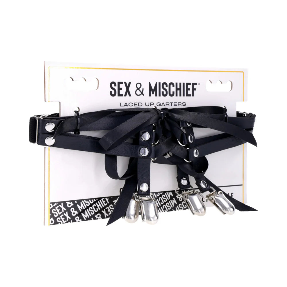 Black leather garter belt with silver bells on a 'Sex & Mischief' branded card.