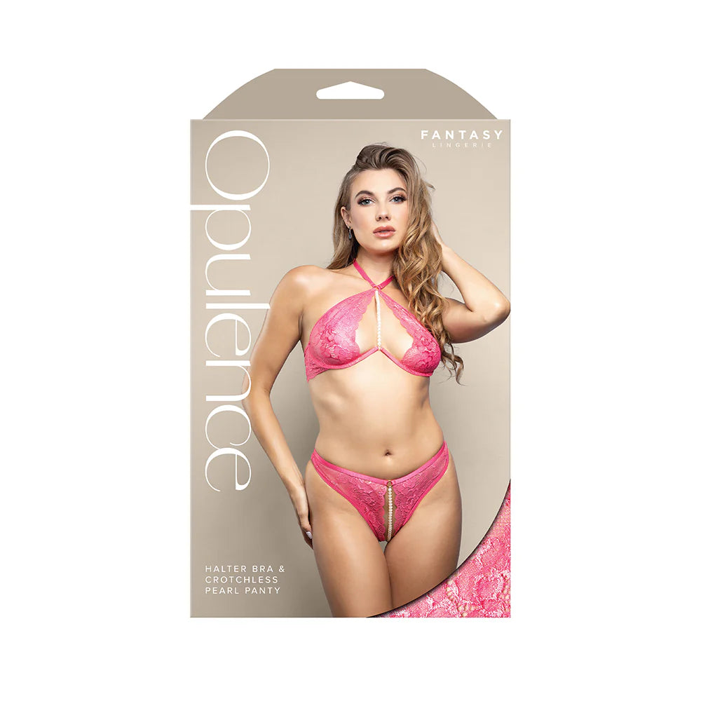 Opulence Pearl Accent Halter Bra & Adjustable Crotchless Pearl Panty Hot Pink