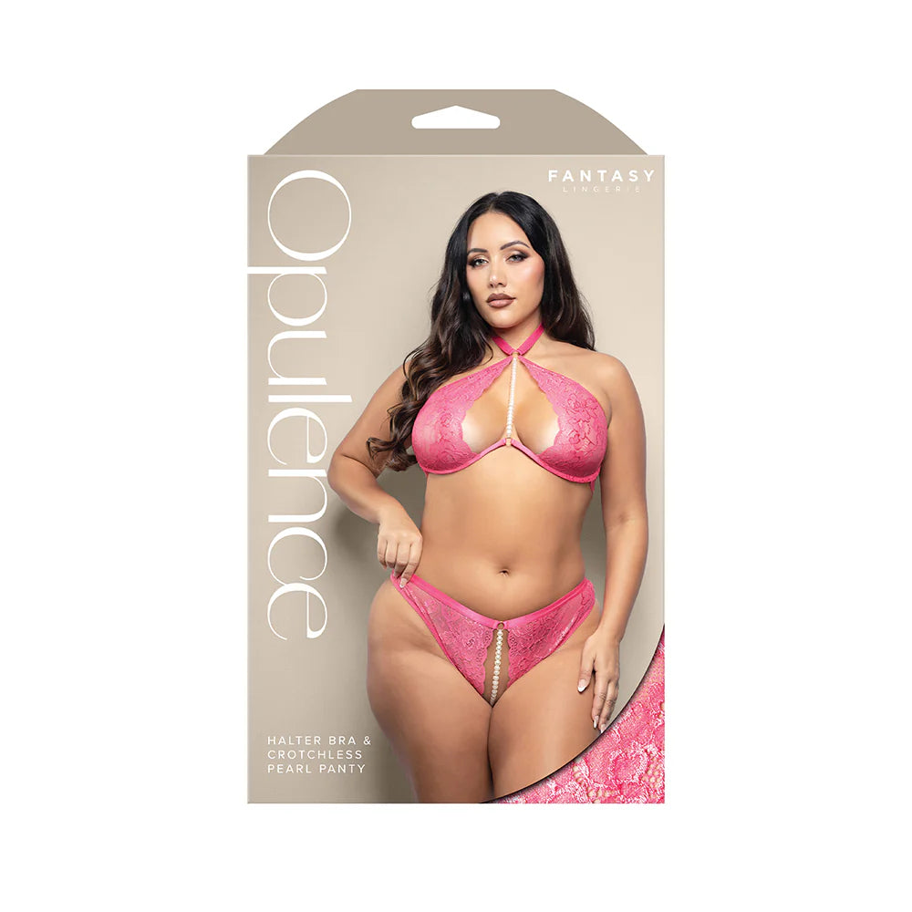 Opulence Pearl Accent Halter Bra & Adjustable Crotchless Pearl Panty Hot Pink