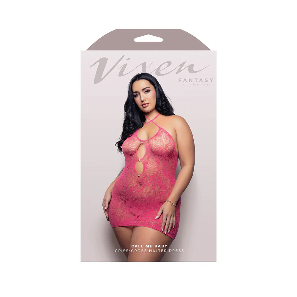 Vixen Call Me Baby, Criss-Cross Halter Tie Dress With Pearl Details, Hot Pink