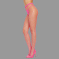 Pink fishnet stockings with a grid pattern worn by a person on a white background