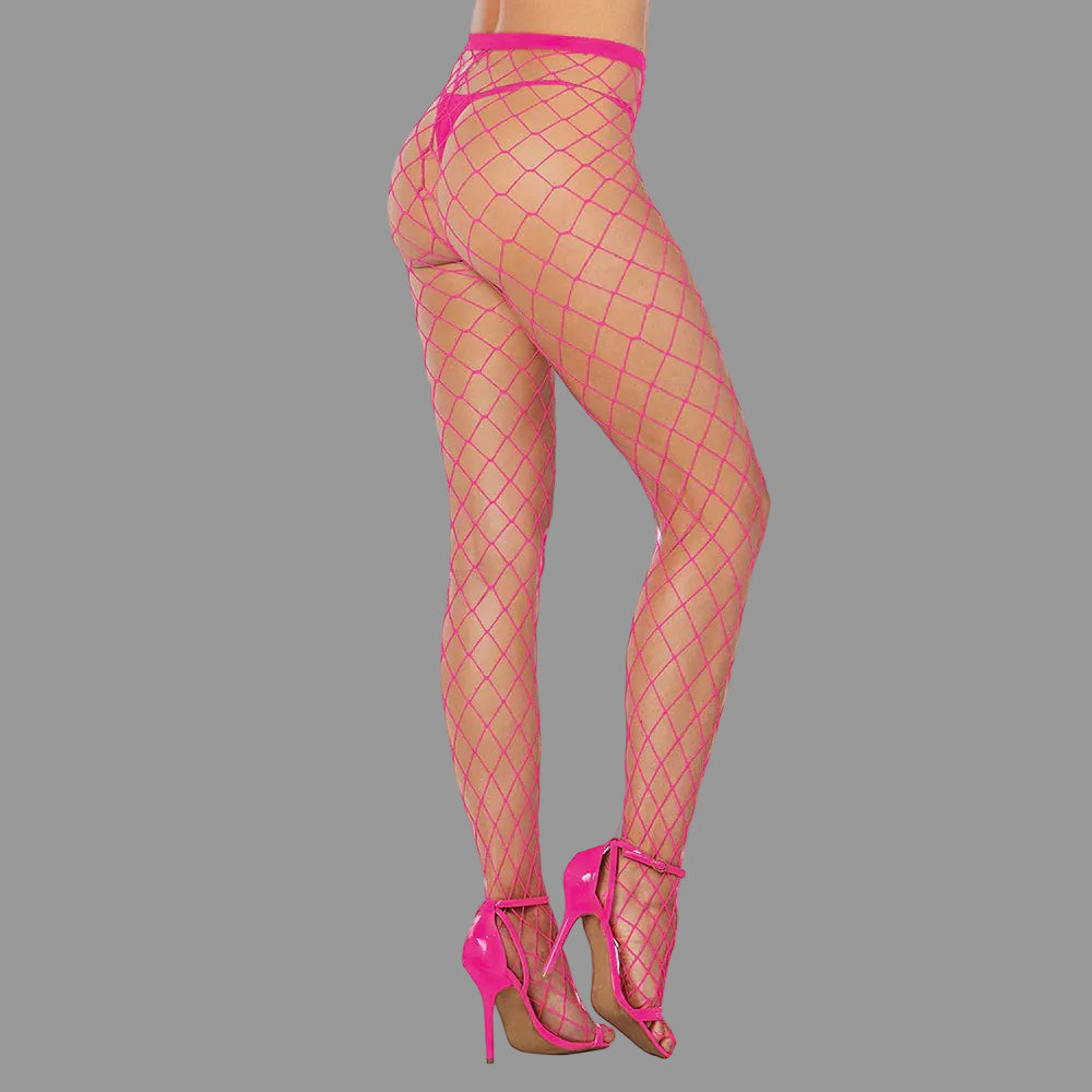 Pink fishnet stockings with high heels on a white background