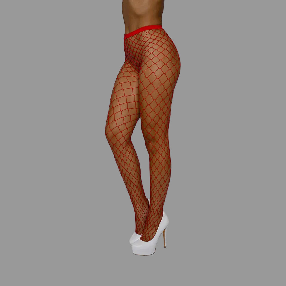 Red fishnet stockings worn by a person on a white background
