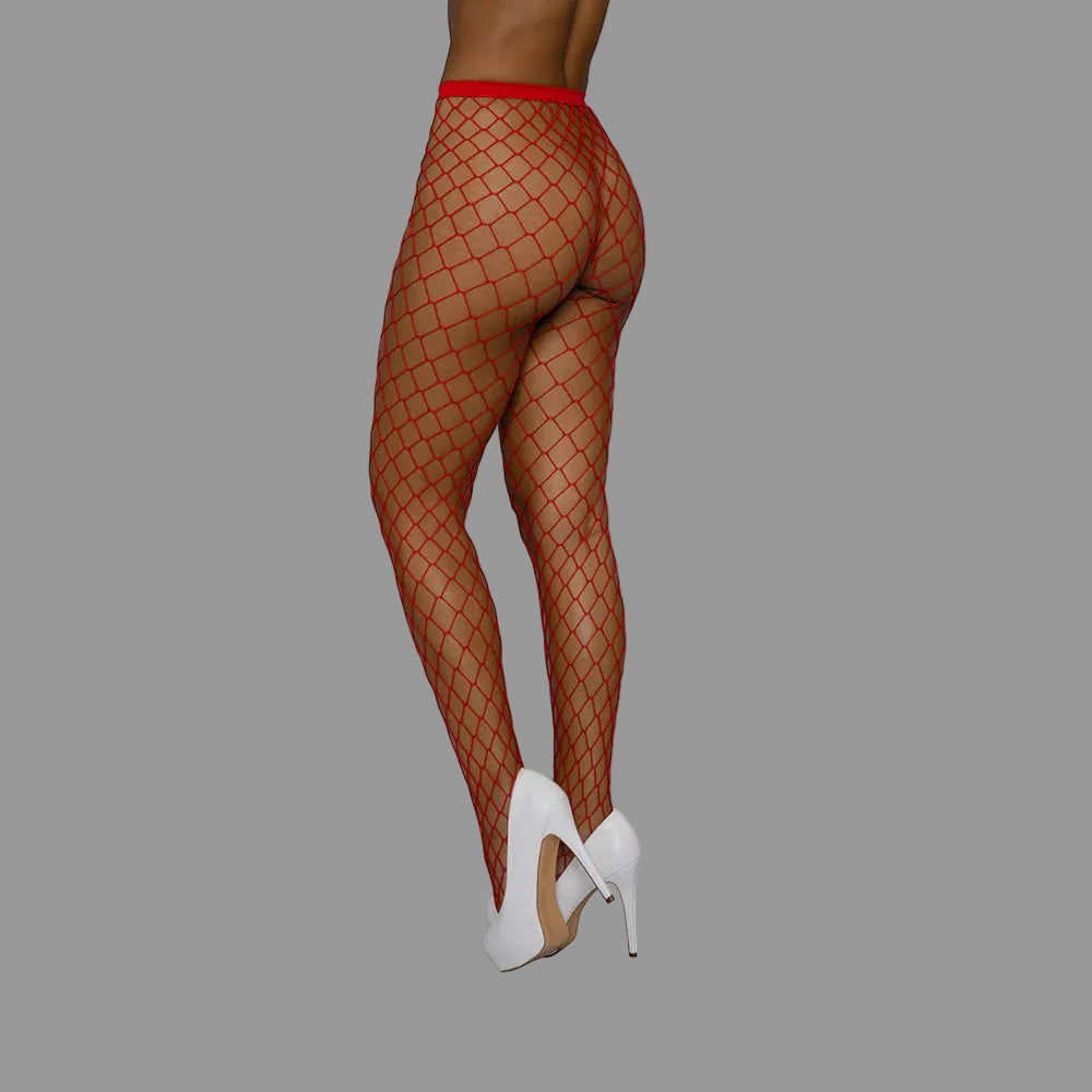 Fishnet stockings with a diamond pattern worn by a person on a white background