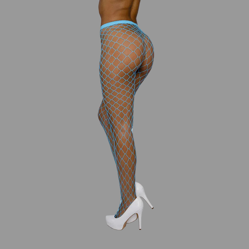 Fishnet stockings with a grid pattern worn by a person on a white background