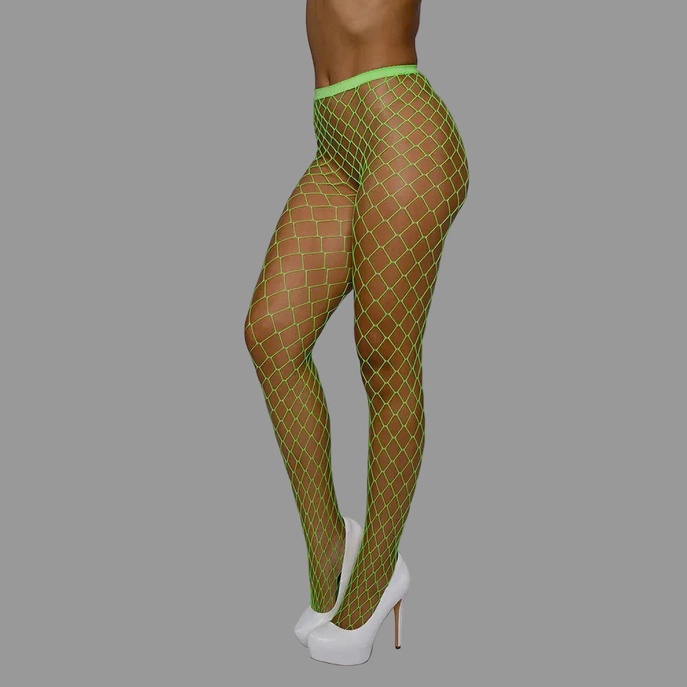 Green fishnet stockings worn by a person on a white background