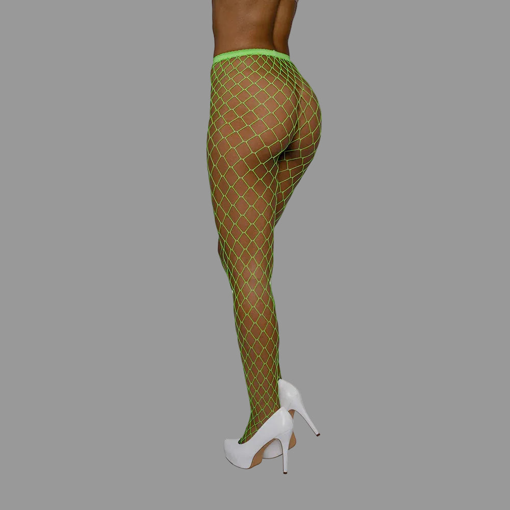 Green fishnet stockings worn by a person on a white background