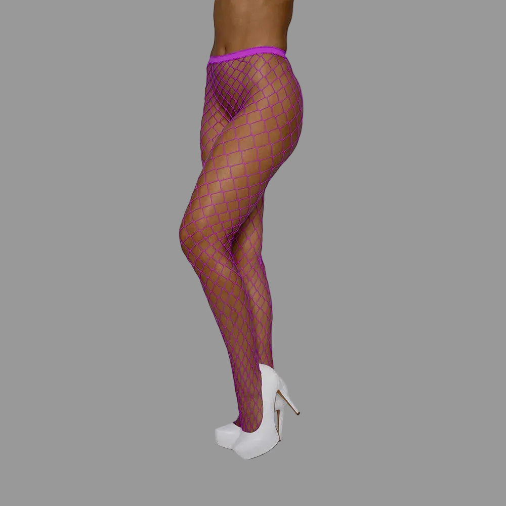 Purple fishnet stockings worn by a person on a white background