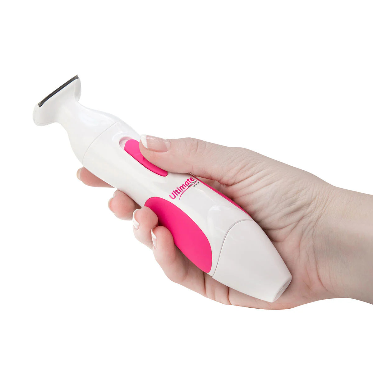 Hand holding a white and pink hair removal device with 'Ultimate' branding on a white background