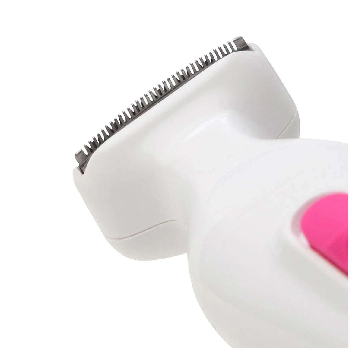 White grooming device with pink button on a white background