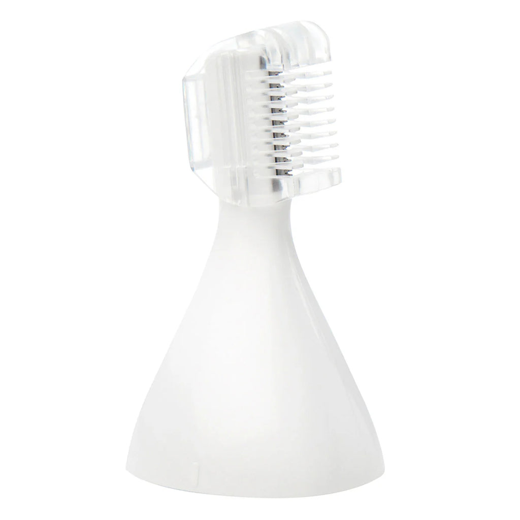 White hair dryer with a comb attachment on a white background