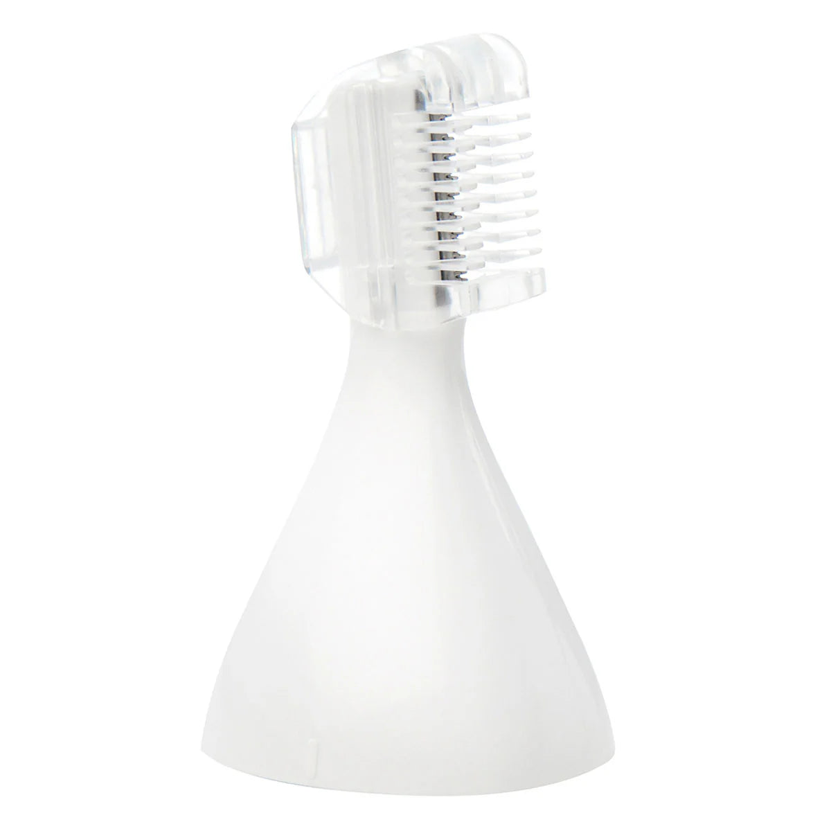 White hair dryer with a comb attachment on a white background