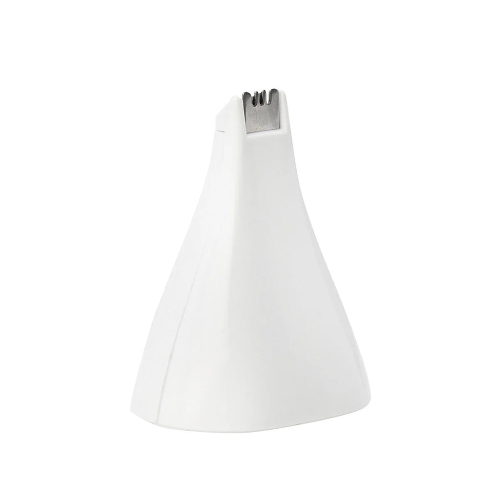 White cone-shaped object with a metallic top on a white background