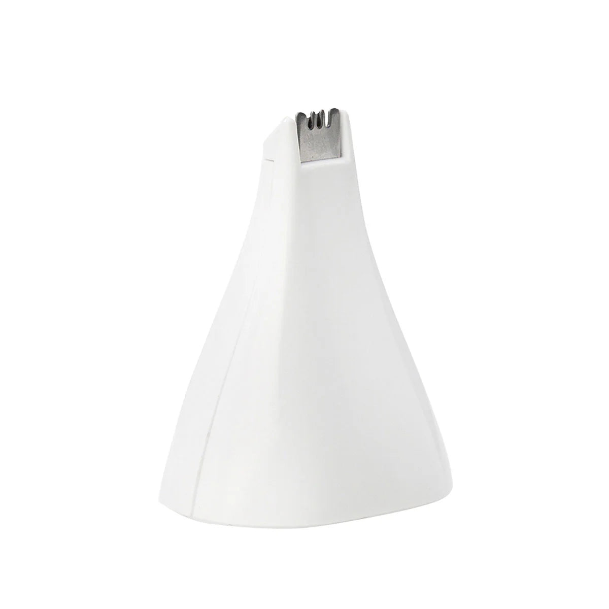 White cone-shaped object with a metallic top on a white background