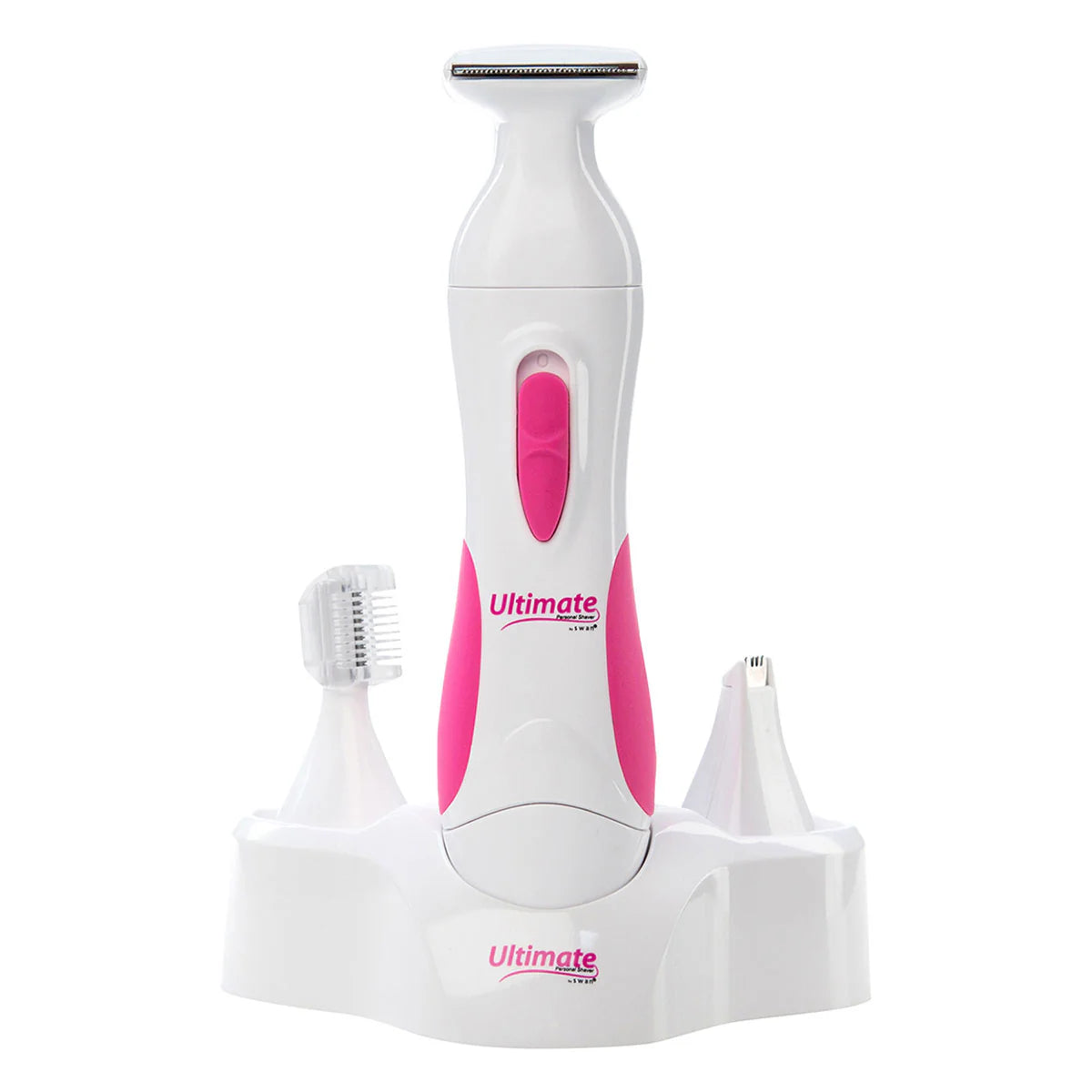 White and pink grooming set with a razor and brush on a white background