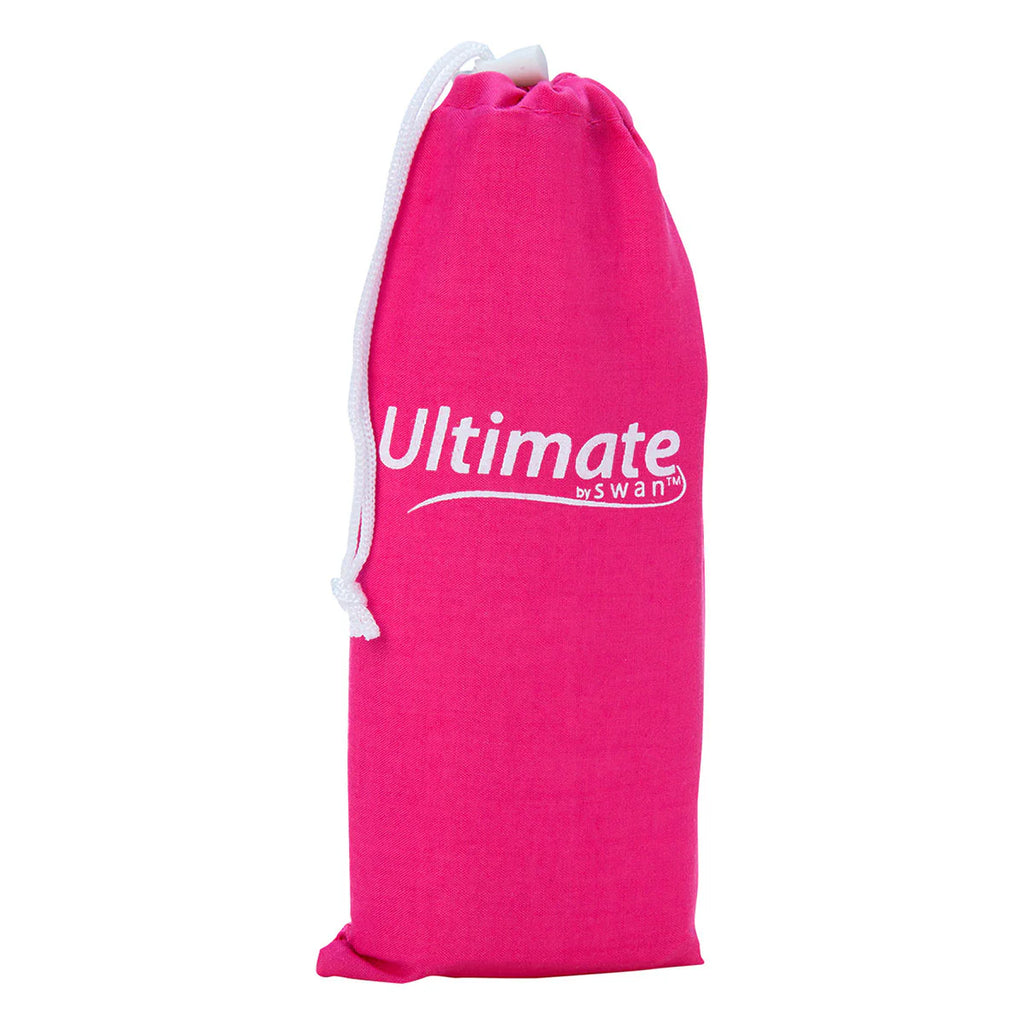 Pink drawstring bag with 'Ultimate Swan' logo on a white background